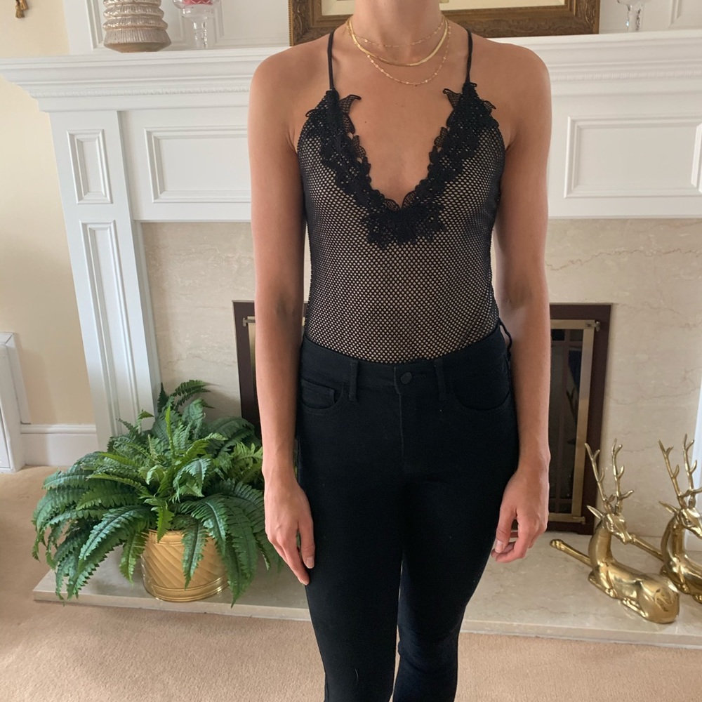 Express black mesh bodysuit with crossed back